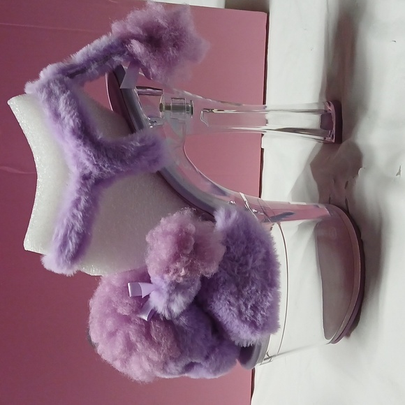 Dolls Kill Sugar Thrillz Purple Fur Plush Poodle Clear Acrylic Platform Heels 8 - Picture 5 of 16